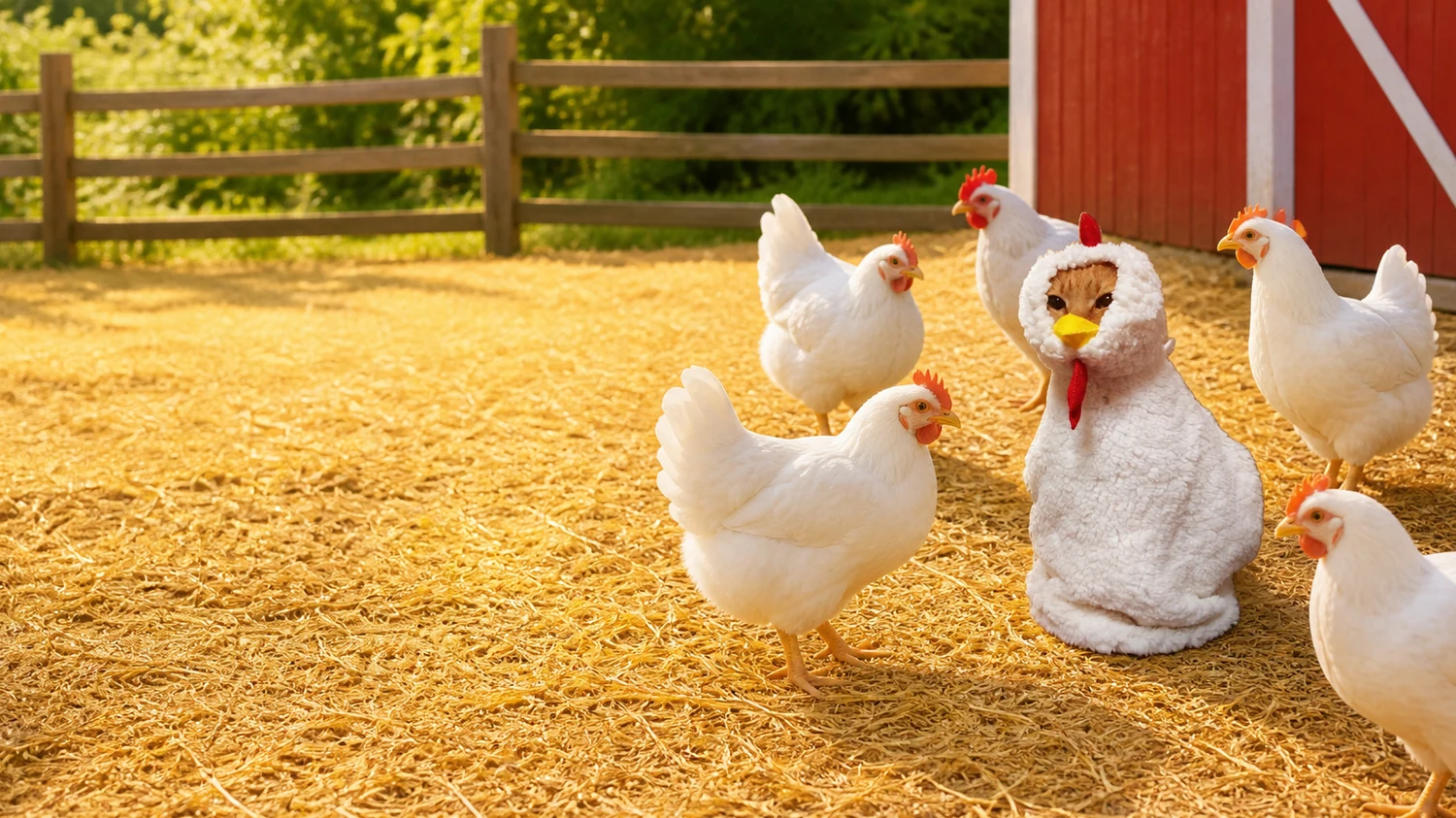 Undercover Cat standing among real hens in the yard